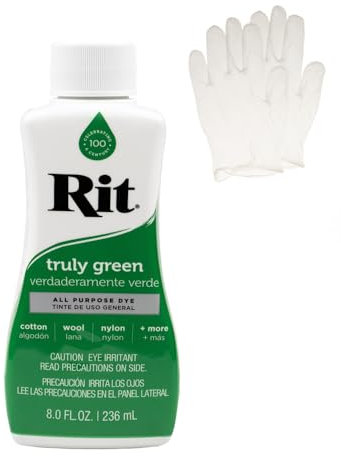 Rit Dye - Tinte líquido para tela, para manualidades, ropa y decoración, botella de 8 onzas, color verde (guantes incluidos)