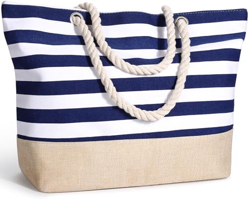 Decmoko Strandtasche Damen, Große Sommertaschen Schulterhandtaschen mit Reißverschluss und Kordelgriff, Familie Beach Tote Bag Handtaschen für Strand, Reisen, Einkaufen, Fitnessstudio, Armeeblau