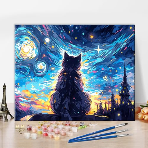 Schwarze Katze Malen nach Zahlen Erwachsene Anfänger, Malen nach Zahlen Kits auf Leinwand Tiere, Malen nach Zahlen Kit Erwachsene Sternenhimmel, Acrylmalerei nach Zahlen 40 x 50 cm(rahmenlos)