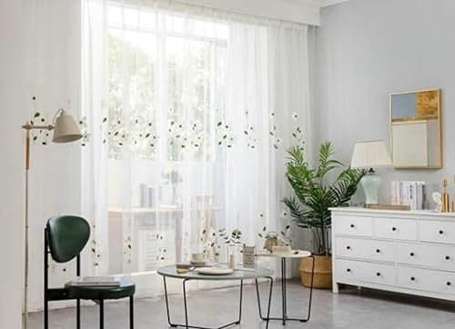 BCughia Vorhänge Gardinen, Gardinen Lichtdurchlässig Blume Gestickt Vorhang Schlafzimmer 2er Set H 138 x B 132 cm, Weiß
