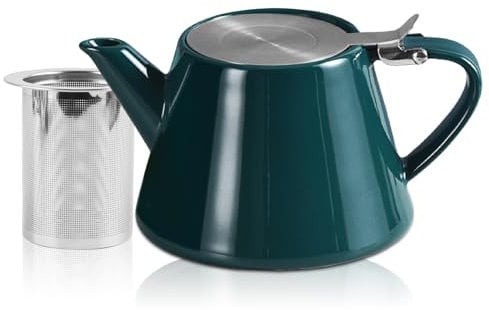 Teekanne mit Siebeinsatz, 500ML Edelstahl Feinmaschiger Infuser Teekanne Porzellan mit Herausnehmbarem Edelstahl-Teesieb, Isolierende Teekanne Keramik für längeren Teegenuss (Dunkelgrün)