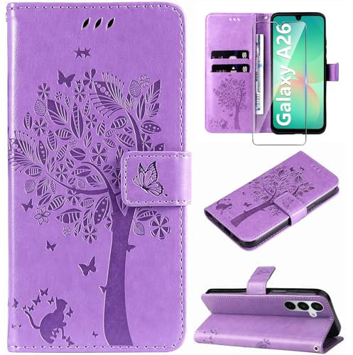 Hancda Phone Case for Samsung Galaxy A26 5G Leather Case with Tempered Glass Screen Protector Wallet Card Holder Slots Flowers Design Magnetic Phone Case Flip Cover for Samsung A26 5G,Purple
