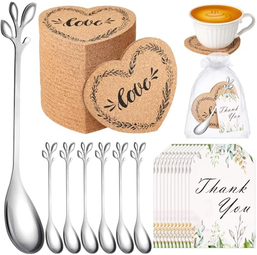 Yiyiring 100 Sets Tea Party Favors for Guests Bridal Shower,Silvery | 25 Heart Cork Coasters Leaf Spoons Cards Bags, Engagement Party Wedding Gifts for Guests, Complete Supplies Set