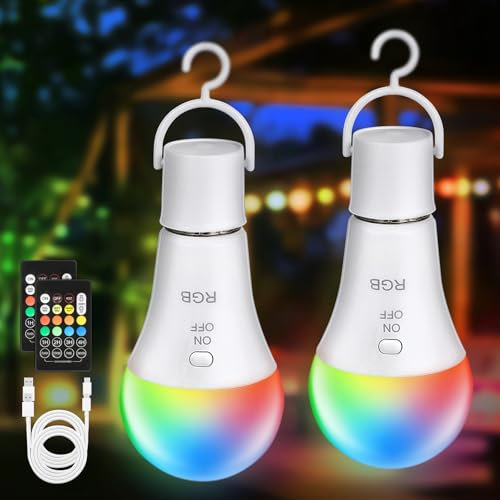 Kimjo Bombilla Led E27, Bombilla Recargable USB con Control Remoto 7W RGB Regulable con Gancho, USB C, Para Camping, Interior, Exterior, 2 Piezas