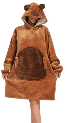 chuangminghangqi Kuscheldecke zum Anziehen mit Ärmeln und Kapuze Winter Comfy und Warm Sofadecke Unisex Übergroßes Capybara Decken Pulli Damen Lustige Riesen Hoodie Decke