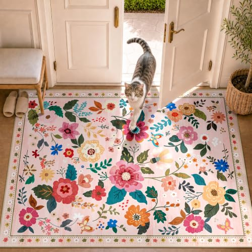 DEFYNEE Teppich Wohnzimmer 90x150cm Rosa/Beige, Blumen Waschbare Teppiche | Boho Vintage Blumenmuster Wohnzimmerteppich, Waschbarer & Rutschfester Kurzflor Weich für Wohnzimmer, Schlafzimmer, Esszimmer