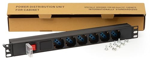 Link multipresa da rack LK10059 con display per carico dispositivi collegati 6 prese universali Schuko/tripolari lunghezza cavo 1,75 metri capacità 3,5 kW metallo. Alette reversibili.
