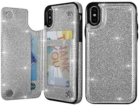 UEEBAI Case for iPhone XR, Premium Glitter PU Leather Case Back Wallet Cover [Two Magnetic Clasp] [Card Slots] Stand Function Durable Shockproof Soft TPU Case for iPhone XR - Silver