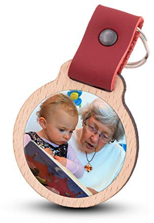 Wogenfels - Schlüsselanhänger selbst gestalten mit Fotodruck | Echtes Holz mit Lederband | kreative Geschenkidee Geschenk für Damen/Frauen (Rot)