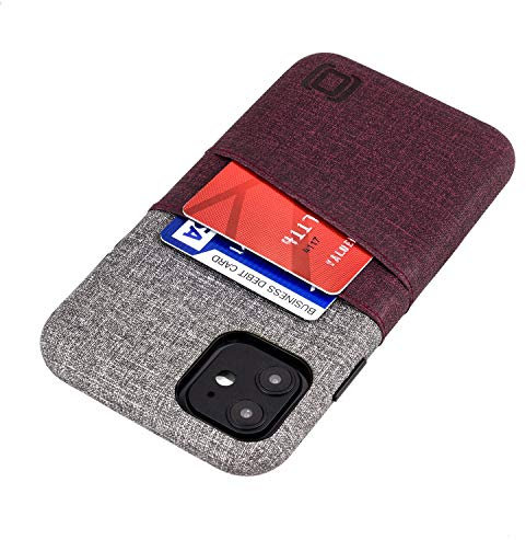 Dockem Luxe M2 Card Case for iPhone 11: Built-in Invisible Metal Plate, Designed for Magnetic Mounting: Slim Canvas Style Synthetic Leather Wallet Case (Maroon and Grey)