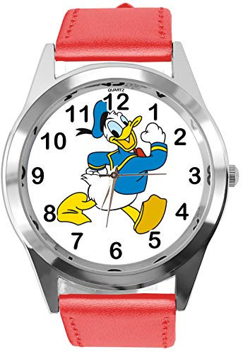 TAPORT® Armbanduhr Analog Quarz mit Echtlederband rot rund für Fan von Donald Duck