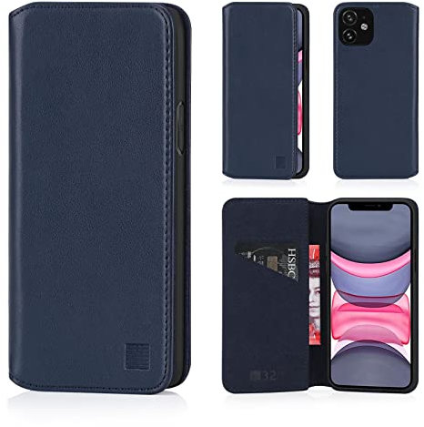 32nd Classic Series 2.0 - Real Leather Book Wallet Flip Case Cover For Apple iPhone 11 (6.1), Real Leather Design With Card Slot, Magnetic Closure and Built In Stand - Navy Blue