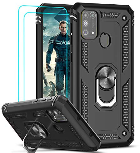 LeYi für Samsung Galaxy M31 Hülle mit Panzerglas Schutzfolie(2 Stück),360 Grad Ring Halter Handy Hüllen Cover Bumper Schutzhülle für Case Samsung Galaxy M31 Handyhülle Schwarz