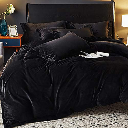 Omela Warm Fleece Winter Bettwäsche 135x200 Schwarz Cashmere Touch Plüsch Bettbezug mit Kopfkissenbezug 80x80 cm 2 Teilig Flauschig Coral Fleece Microfaser Winterbettwäsche Set Reißverschluss