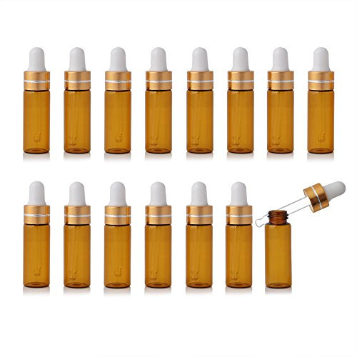 Enslz 15 Stück Mini bernsteinfarbene nachfüllbare Glasflaschen für ätherische Öle, Parfüm, Kosmetik, Proben, Aufbewahrung mit goldenem Schraubverschluss (5 ml)