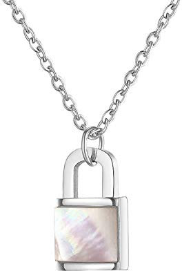 MENDOZZA Halskette Damen Schloss Kette Perlmutt Edelstahl Schmuck Padlock-Anhänger Silber 45 cm