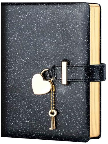 CAGIE Diary with Lock and Key for Girls Ages 8-12 Journal with Lock 296 Gold Edged Pages Heart-Shaped Locked Journal for Women Teen Girls with Gift Box, 5.3 x 7 Inch, Black