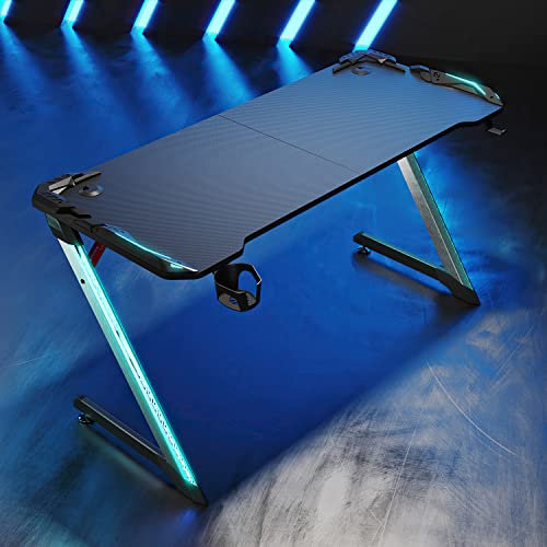 SONNI Gaming Tisch 140cm, Gaming Schreibtisch mit LED, Gaming Desk, Z-förmiger Stabiler Bein, mit Getränkehalter und Kopfhörerhalter, 140x60x75cm Schwarz