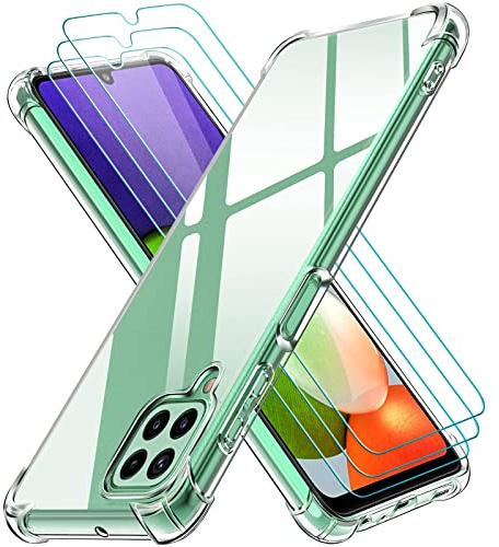 ivoler Coque pour Samsung Galaxy A22 4G / M22 / M32 avec 3 Pièces Protection Écran en Verre Trempé, Transparent Étui de Protection en Silicone Antichoc, Clair Mince Souple TPU Bumper Housse