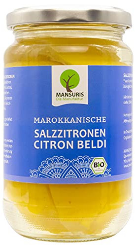 Mansuris - eingelegte Bio Zitronen in Meersalz - Citron Beldi -BIO Salzzitronen, In Salzlake eingelegte marokkanische Zitronen für Tajine Couscous, vegan, glutenfrei in 350 g Glas