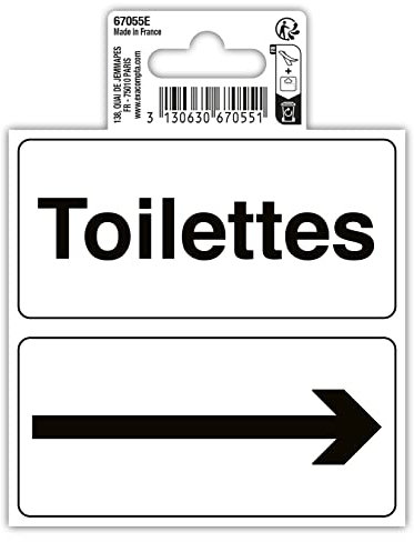 Exacompta - Réf. 67055E - 1 pictogramme adhésif Toilettes avec fléche - En vinyle PVC traité anti-dérapant et résistant aux UV - Dimensions : 10 x 10 cm Coloris : noir sur fond blanc
