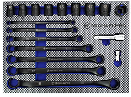 MichaelPro MP001218 18-Piece Double Ring Spanner Set, Black Oxide Bolt Extractor Offset Spanner and Socket Set, Ring Spanner Set, Swan Neck Spanner Set, Offset Spanner, Ring Spanners, Metric
