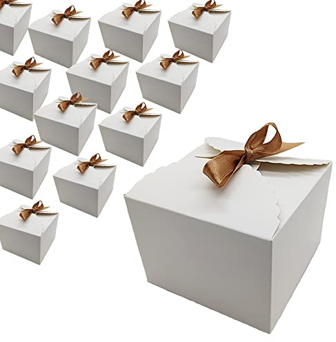 Aisamco 20 Pieces Gift Boxes with Ribbon,12 x 12 x 9 cm/4.7 x 4.7 x 3.5 Inch Bridesmaid Proposal Box Gift Boxes for Wedding Birthday Christmas Cupcake Crafting (White)