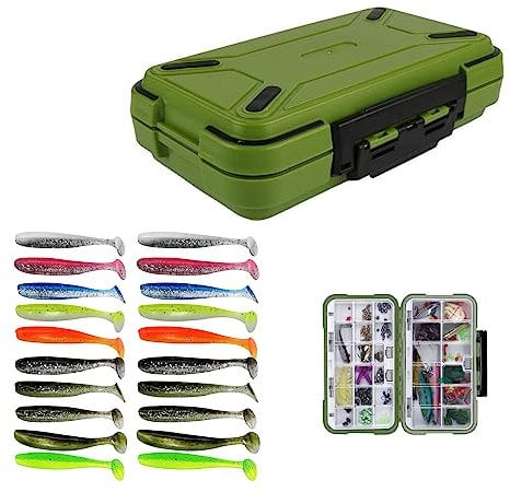 Fishing Tackle Box,RoadLoo Fishing-Lure-Boxes-Bait Multifunctional Fishing Accessories Storage Box 30 Compartment Waterproof Portable Fishing Tackle Box Waterproof with 20 Soft Plastic Lures (green)