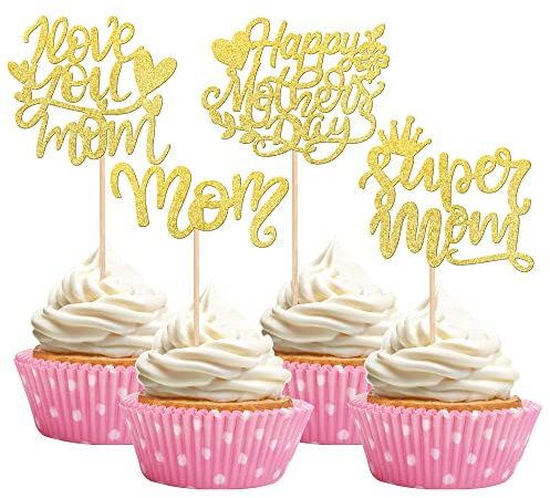 24 Stück Happy Mother's Day Cupcake-Topper Glitzer Best Mom Love You Mom Cupcake Picks für Happy Mother's Day Thema Frauen Geburtstag Party Kuchen Dekorationen Zubehör Gold