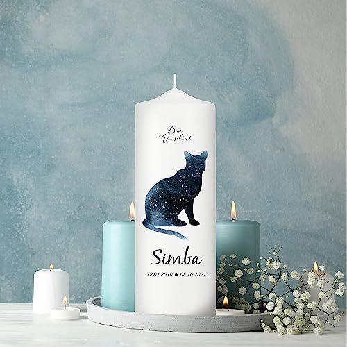 Trauerkerze für Tiere Katze mit Silhouette personalisiert mit Namen und Datum, 1. kl. Kerze 18x7 cm