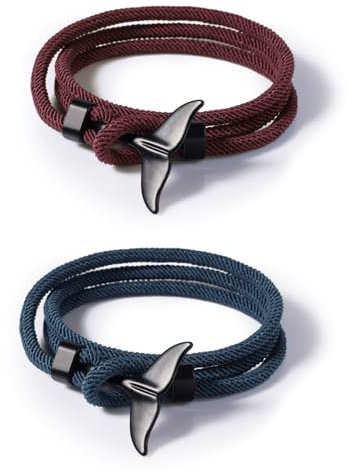 FINEASY 2Pcs Bracelets for Men & Women, Nylon Friendship Bracelet Mens, Adjustable, Handmade, Whales Tail Paracord Bracelets, Spiritual Gifts for Women and Men, Black Blue (2)
