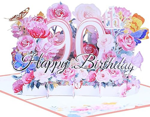 Geburtstagskarte zum 90. 3d blume pop up geburtstag karte Grußkarten Geschenk-Karte mit Umschlag Happy Birthday Greeting Card für neunzig 90 jahre frau, Mütter, Freunden, Familie women wife (Rosa)