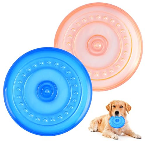 Necdeol 2 Stück Dog Flying Disc, 18.5 cm Hundefrisbee aus Natürlichem Kautschuk, Hunde Frisbee für Land und Wasser, Hunde Scheiben für Hundetraining, Fangen, Spielen (Blau + Orange)