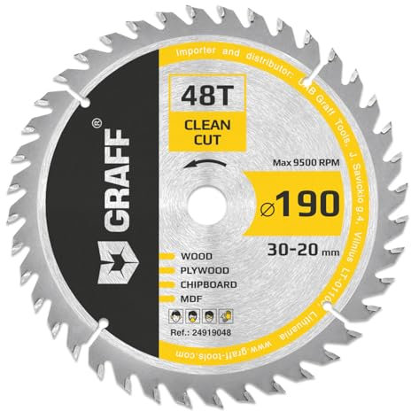 GRAFF Lame de Scie Circulaire fine 190 x 30 mm (anneau 20 mm) - Lame de Scie 190 x 30 mm, 48 Dents pour les coupes Fines Dans le Bois Tendre et Dur - Compatible avec les Lames de Scie Makita et Bosch