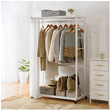 McgoS Kleiderständer mit Vorhang zum Aufhängen von Kleidung, Garderobenständer auf Rollen, Kleiderständer mit Regalen für Schlafzimmer und Wohnzimmer (Farbe: Weiß, Größe: 99 x 50 x 160 cm)