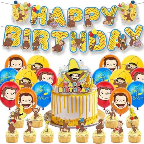Scimmia Decorazioni Compleanno,30 PCS Cartone Animato Scimmia Cupcake Toppers Banner Palloncini e Decorazioni Torte,Palloncini a Tema Scimmia Set