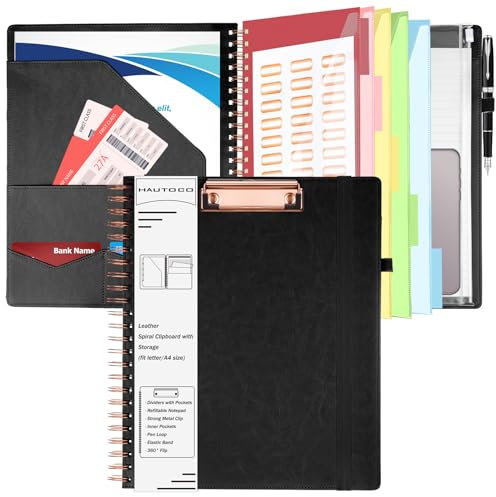 HAUTOCO PU-Leder Klemmbrett Folio mit Zip Beutel, Klemmbrettmappe A4 mit nachfüllbarem Notizblock, Klemmbretter mit 5 A4-Ordnern Lagerung 10 Taschen, Klemmbrett a4 mit Deckel für Schule/Büro, Schwarz