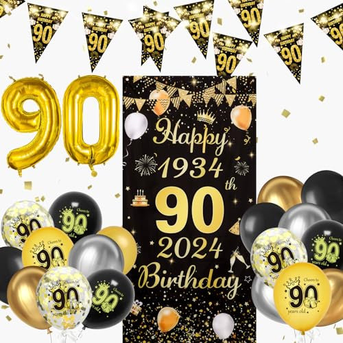 Seutgjie 90 Geburtstag Deko für Mann Frauen Lange Banner Hintergrund Luftballons und LED Lichtstreifen 1934 bis 2024
