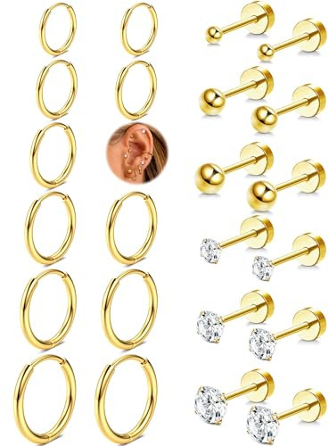 CASSIECA 12 Paar Ohrring Set, Ohrstecker Gold Silber, 316L Chirurgenstahl Medizinische Ohrringe Set Cubic Zirkonia Runde Ohrstecker Hypoallergene Knorpel Huggie Hoop Ohrringe Mehrfach-Piercing Or