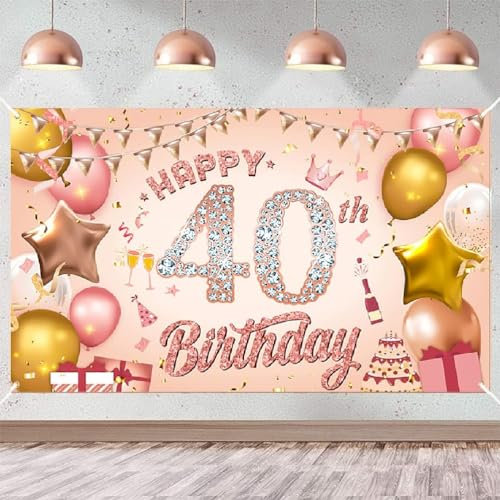 Happy 40th Birthday Banner Rose Gold Party Decoration Backdrop, Poster Fabric Photography Background for Girls Women, 110 x 180 cm