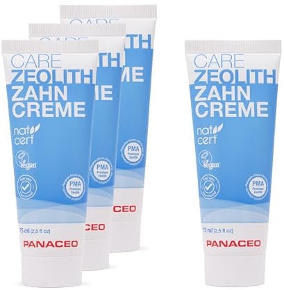Panaceo Care Zeolith Zahncreme 75ml 3+1 Set, Natürliche Zahnpflege mit Bio-Minzöl & Aloe Vera, Zahnpasta ohne Titandioxid & ohne Fluorid, frischer Atem garantiert & vorbeugend gegen Karies, 100% Vegan