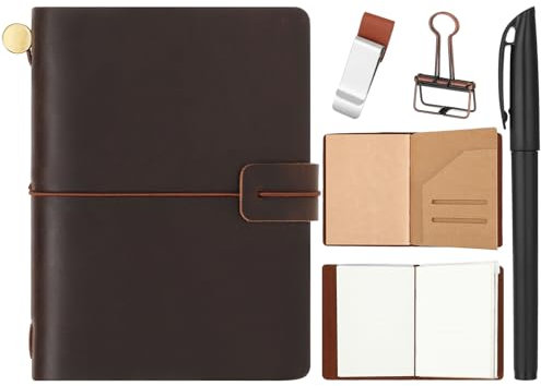 Thenshop Travelers Refillable Leather Journal Notebook 5.3 x 4.1 Inch Brown Travel Diary Handmade Passport Travelers Journal for Men and Women with 3 Notebook Inserts, Pen Holder, Binder Clip