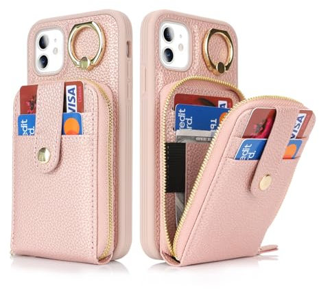 SailorTech iPhone 11 Case Ring Stand with Credit Card Holder for Women, iPhone 11 Leather Case Wallet with Credit Card Slots Zipper Case for iPhone 11-Rose Gold