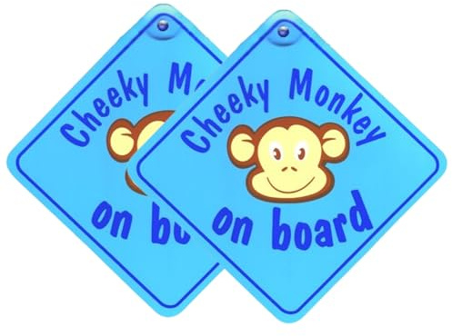 Tek Automotive Lot de 2 panneaux de voiture bleus Cheeky Monkey on Board | Panneau bébé à bord pour voiture | 14 x 14 cm avec ventouse | Autocollant de voiture pour bébé | Badge amusant bébé à bord