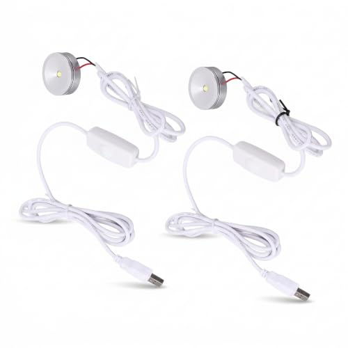 2 Stück Mini-Spot-Leuchten mit Dimmer, LED-Scheinwerfer, Schmuckschrank, Dimmbare Wandleuchte, LED-Spotlight, Mini-USB, Dimmbar, 5 V, mit 2 M Kabel (Natürliches Licht)