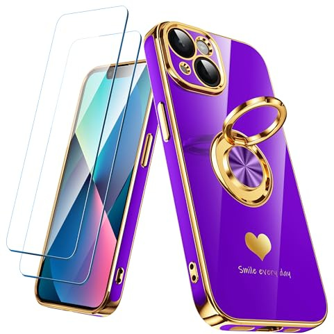 Nonional Compatible for iPhone 13 Case with 2 Pack Screen Protector, 360° Rotatable Ring Holder [Luxury Hearts Pattern] Plating Gold Edge Slim Soft Phone Cover Case for iPhone 13 - Neon Purple