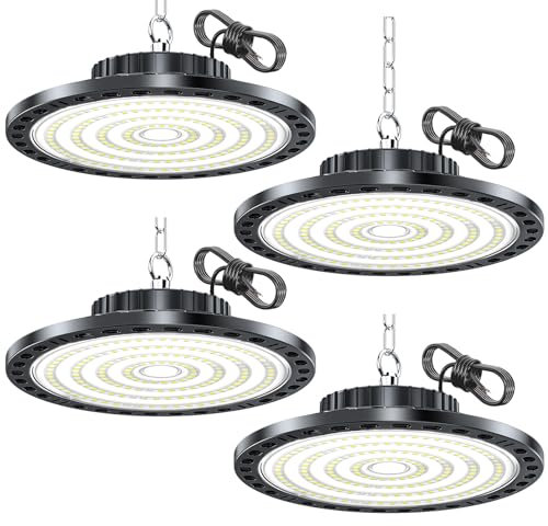 HAPYLUMI LED Hallenstrahler 100W 10000lm, 4 Stücke Hallenbeleuchtung UFO Lampe 6500K Kaltweiß, LED Werkstatt Deckenleuchte IP65 Wasserdicht AC 85-265V, für Werkstatt Garage Lager Keller