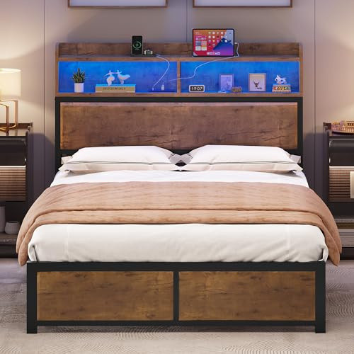 YITAHOME Bed Frame,LED with Headboard,USB Ports & Charging Outlets,Metal Platform Bed Frame with 2 Tiers Storage Shelves, No Box Spring Needed Double Size