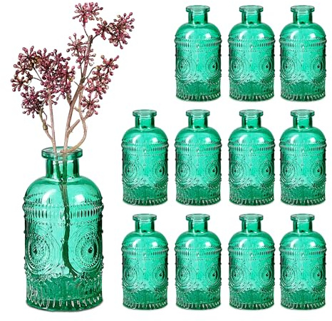 Relaxdays Glass Vase, Set of 12, for Table Decor, Vintage Design, H: 13x6 cm, Decorative Mini Bottles for Flowers, Green