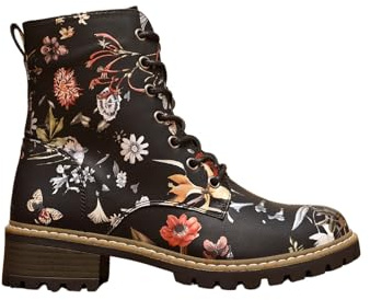 IVACHY Women’s Floral Lace-Up Ankle Boots with Side Zip – Stylish Printed Combat Boots for Casual Everyday Wear- Size 4-7.5